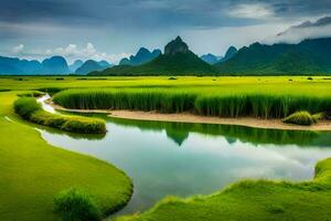 el verde césped, el agua, el montañas, el cielo, el nubes, el río,. generado por ai foto