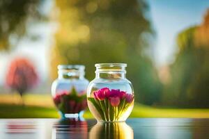 foto fondo de pantalla el cielo, flores, agua, tulipanes, el parque, el árboles, el. generado por ai