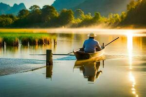 un hombre en un barco en un lago a amanecer. generado por ai foto