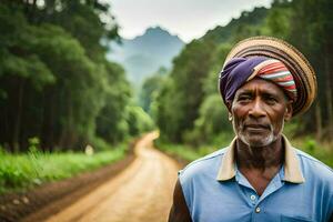 an african man wearing a turban on a dirt road. AI-Generated photo