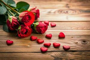 red roses on a wooden table. AI-Generated photo