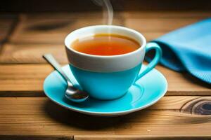 a cup of tea on a wooden table. AI-Generated photo