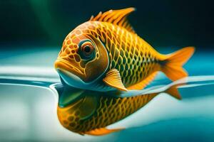 un pescado con un amarillo y naranja cuerpo es reflejado en el agua. generado por ai foto