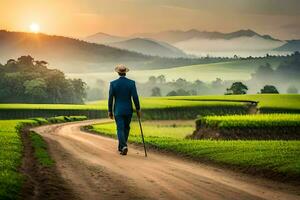 a man in a suit walks down a dirt road in the middle of a field. AI-Generated photo