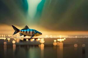 a fish is standing on the water with lights in the background. AI-Generated photo