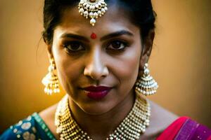 a woman wearing jewelry and a red sari. AI-Generated photo