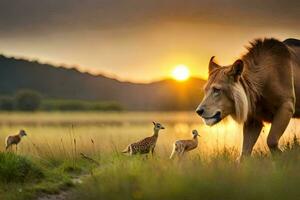 un león y dos ciervo son caminando en el césped a puesta de sol. generado por ai foto