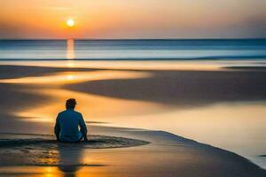 un hombre se sienta en el playa a puesta de sol. generado por ai foto