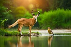 a deer and a bird standing next to a river. AI-Generated photo