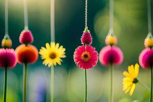 colorful flowers hanging from strings in the sun. AI-Generated photo