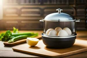 an egg cooker on a cutting board with eggs. AI-Generated photo