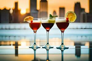 Tres lentes de alcohol con un ciudad horizonte en el antecedentes. generado por ai foto