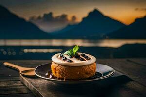 a dessert on a plate with a view of mountains. AI-Generated photo