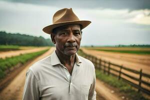 a man in a hat standing on a dirt road. AI-Generated photo