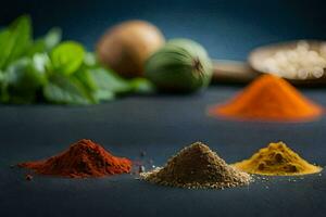 various spices and spices on a black background. AI-Generated photo