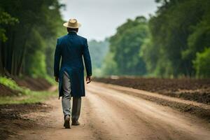 un hombre en un azul traje y sombrero caminando abajo un suciedad la carretera. generado por ai foto
