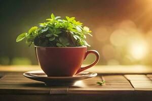 a cup of tea with a plant. AI-Generated photo