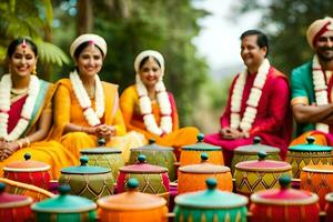 a group of people in colorful saris sitting around drums. AI-Generated photo