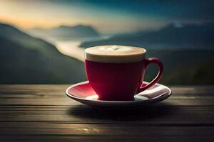 a cup of coffee on a wooden table with a view of mountains. AI-Generated photo