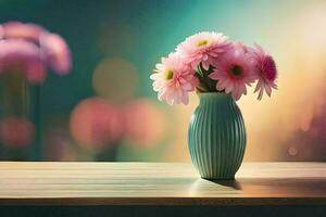 pink flowers in a vase on a table. AI-Generated photo