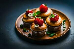 three cupcakes with strawberries on top. AI-Generated photo