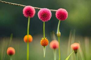 flowers hanging from a rope in a field. AI-Generated photo