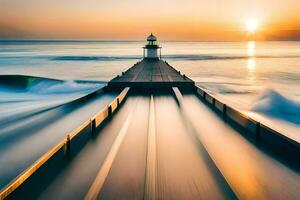 a lighthouse at sunset with waves crashing into the pier. AI-Generated photo