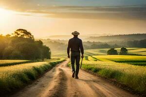 a man in a hat walks down a dirt road in the middle of a field. AI-Generated photo