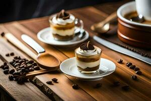 café y postre en un de madera mesa. generado por ai foto