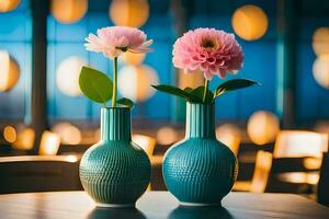 two vases with pink flowers on a table. AI-Generated photo