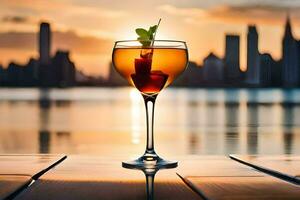 a cocktail in a glass on a table with a city skyline in the background. AI-Generated photo