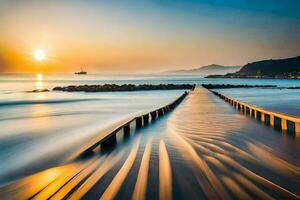 a long exposure photo of a pier at sunset. AI-Generated