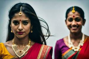 dos mujer en tradicional saris con oro joyas. generado por ai foto