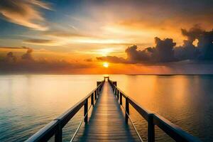 a wooden pier leads to the ocean at sunset. AI-Generated photo