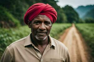 a man wearing a red turban stands in a dirt road. AI-Generated photo