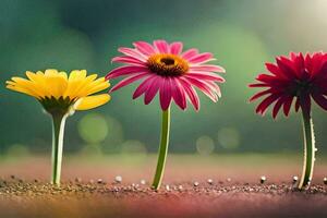 three colorful flowers are standing in the dirt. AI-Generated photo