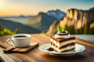 a slice of cake and a cup of coffee on a table in the mountains. AI-Generated photo