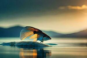 a fish is standing on the water with the sun setting behind it. AI-Generated photo