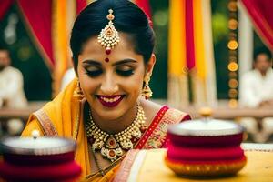 un hermosa indio novia sonriente a el cámara. generado por ai foto