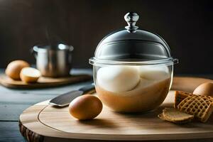 eggs in a jar on a cutting board. AI-Generated photo