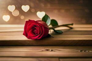 a single red rose on a wooden table with hearts in the background. AI-Generated photo