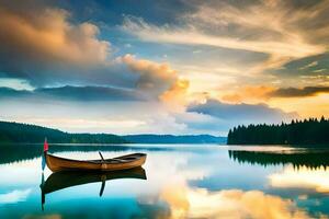 a boat is floating on a calm lake at sunset. AI-Generated photo