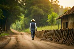 a man in a hat and suit walking down a dirt road. AI-Generated photo