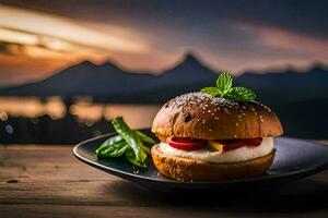 a hamburger with cheese and berries on a plate. AI-Generated photo