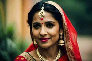 a beautiful indian bride in a red sari. AI-Generated photo