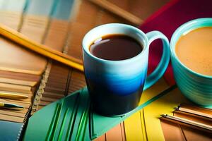 a coffee cup and a pencil on a colorful table. AI-Generated photo