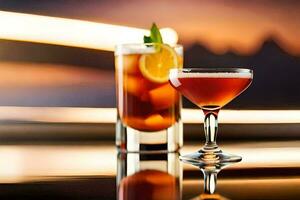 two cocktails sit on a table with a blurred background. AI-Generated photo