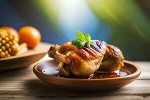 pollo en un cuenco con maíz y Tomates. generado por ai foto