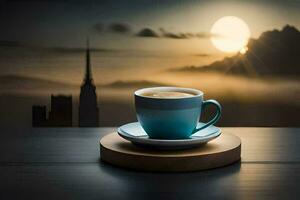 coffee cup on a saucer with a city in the background. AI-Generated photo