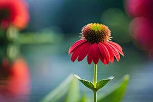 a red flower is standing in front of a lake. AI-Generated photo